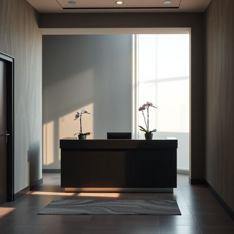 Minimalistická recepcia kancelárie so slate tónmi a orchideou