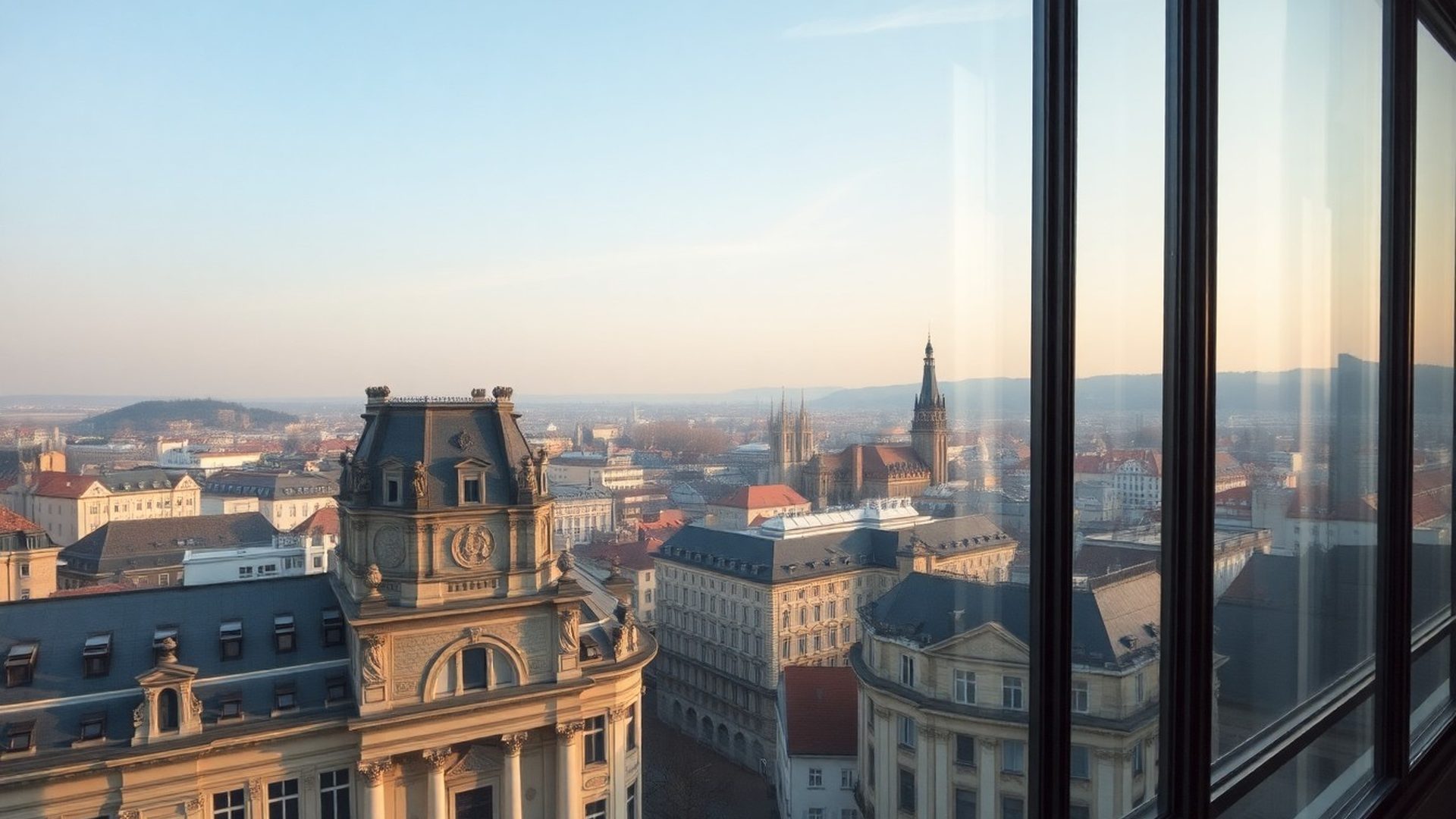 Pohľad na Trenčín z okna kancelárie za skorého rána